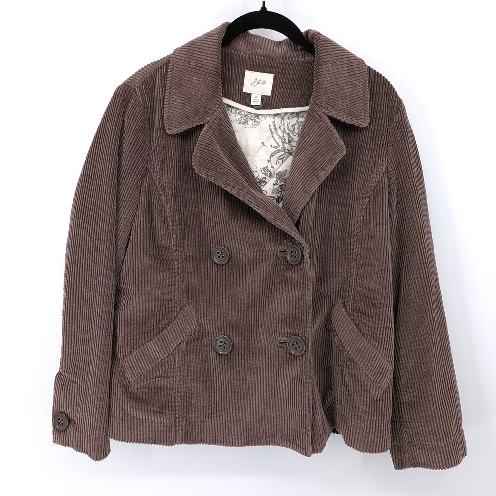 J Jill Corduroy Jacket Women Petite SP Brown Double Breasted‎ Quilted Lining